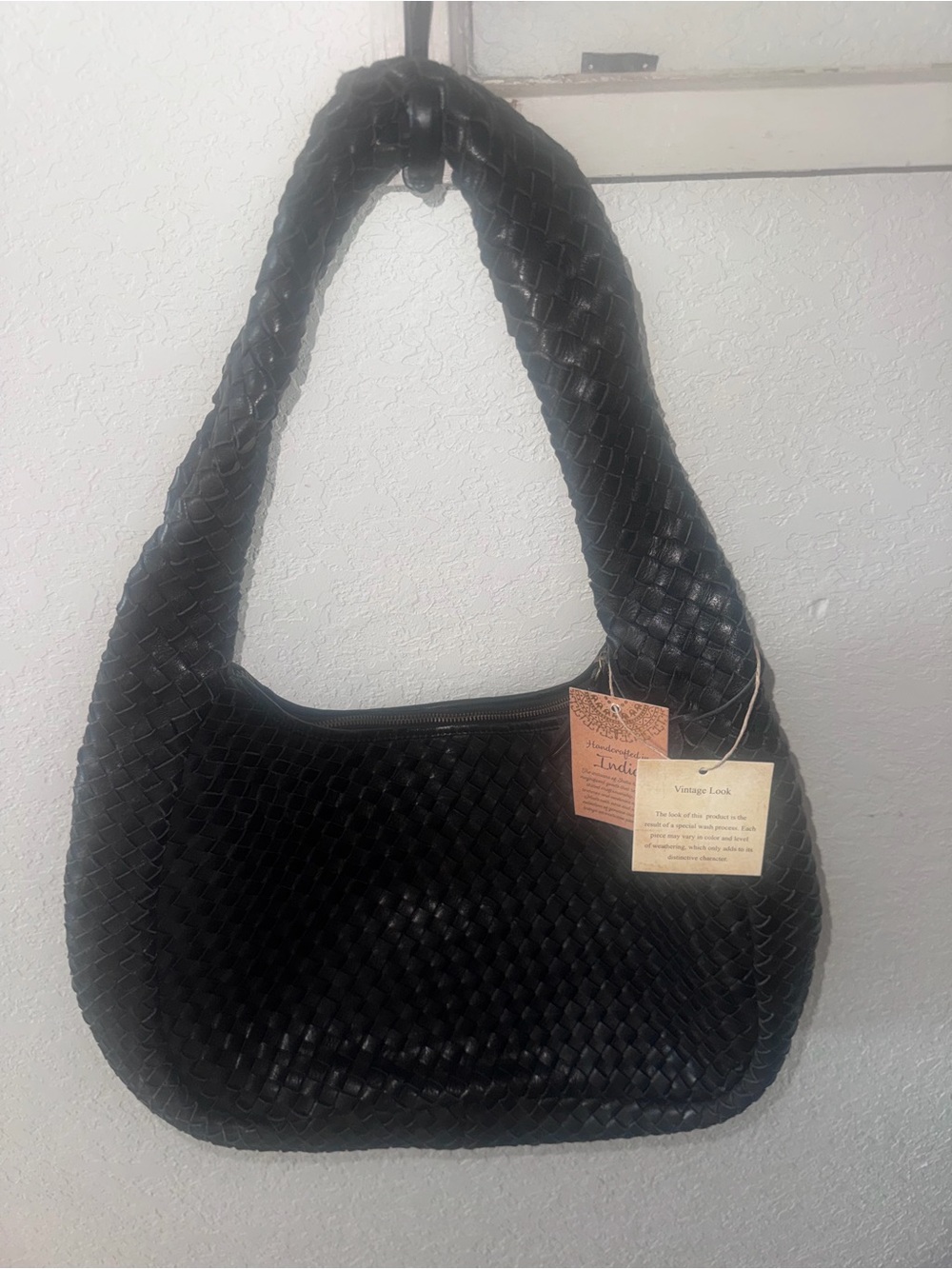 Black Leather Woven Shoulder Bag NWT